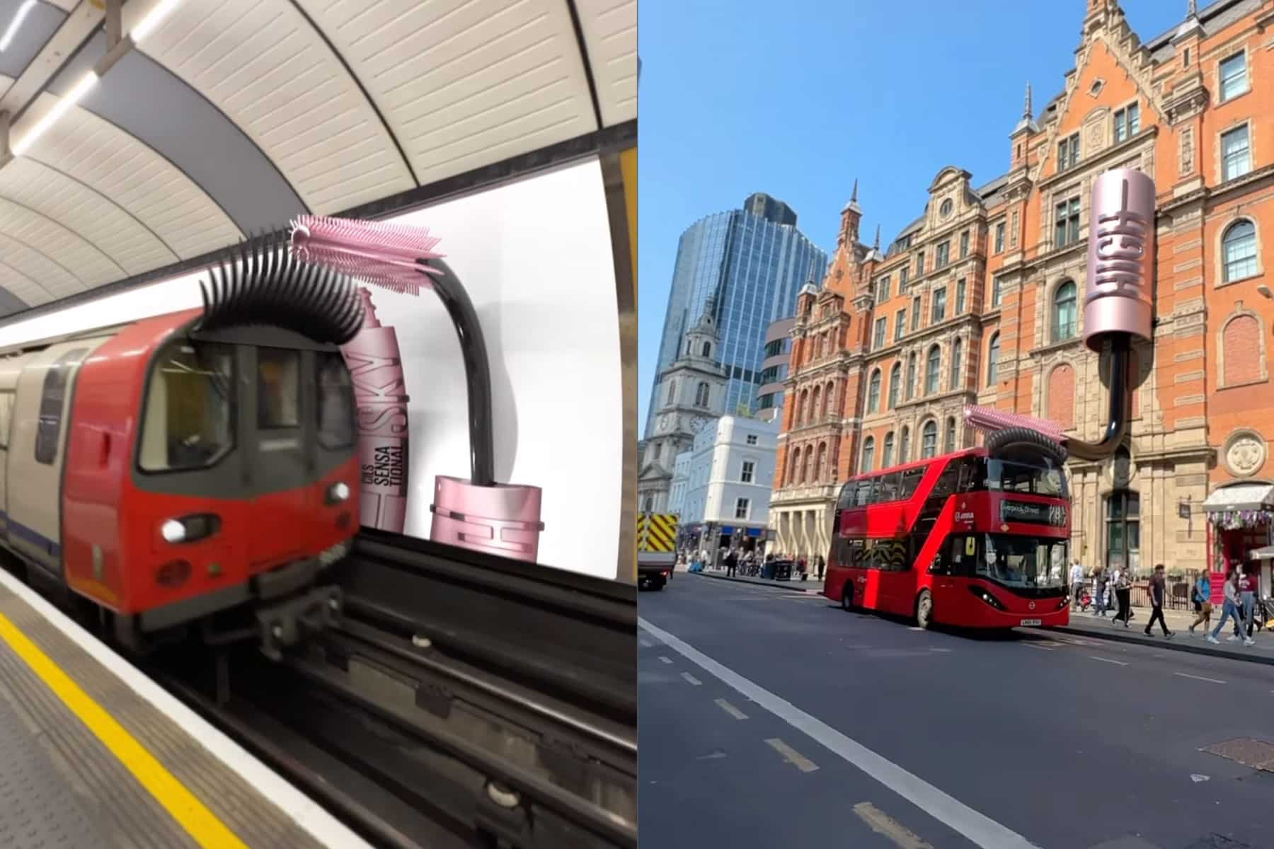An image of a train and bus with eyelash extensions attached for Maybelline London